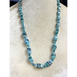 Vintage Blue Venetian Glass Beaded Necklace Blue Tones Stripes Beads Glass Art